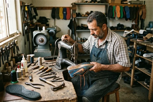 Sapateiro reparando um tênis em Formosa.