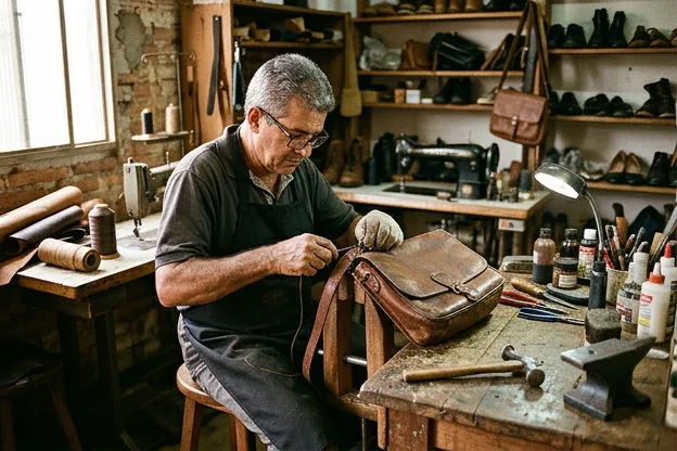 Sapateiro reformando uma bolsa de couro em Formosa.