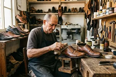Sapateiro reformando sapatos sociais em Formosa.