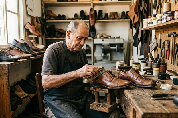 Sapateiro reformando sapatos sociais em Formosa.