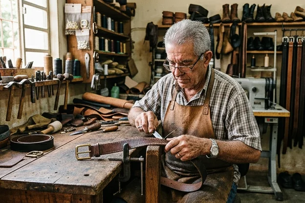 Sapateiro consertando cintos de couro em Formosa.